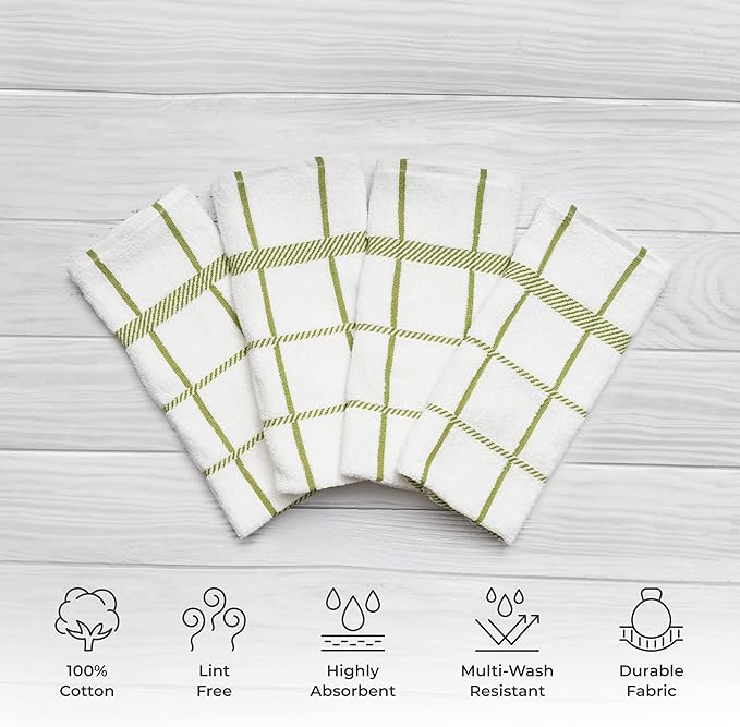 100% Cotton Terry Dish Towels, 4 Pack Checks, 16 x26 Inches, Super Soft and Absorbent Kitchen Towels, Perfect for Kitchen Cleaning and Dish Washing | Green