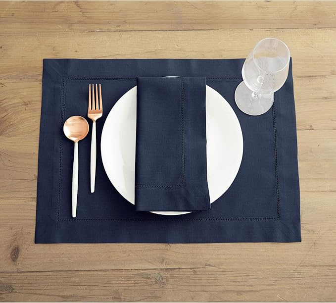 Solino Home Navy Blue Napkins Set of 4 - Cotton Linen Hemstitch Dinner Napkins Cloth 20 x 20 Inch for Spring, Summer, Mothers Day, Memorial Day - Handcrafted and Machine Washable