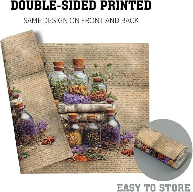 Retro Herbs Linen Placemat Set Brown Dining Table Mat 4pc for Home Indoor Outdoor Decor
