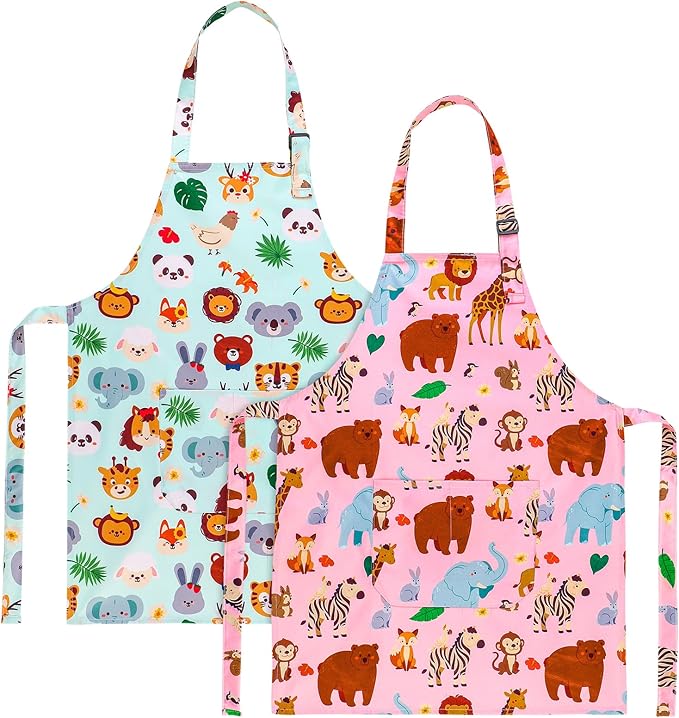 2 Pack Kids Apron, Cute Cooking Aprons, Waterproof Art Apron with Pockets, Toddler Painting Artist Apron Adjustable