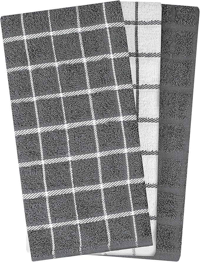 Ritz Premium 100% Cotton Terry Check Kitchen Dish Towels - Highly Absorbent, Super Soft, Long-Lasting, 25"x15", 3-Pack, Gray