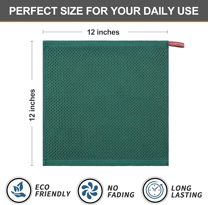 Kitinjoy 100% Cotton Kitchen Dish Cloths (12 X 12 Inches, Dark Green), 6 Pack Waffle Weave Ultra Soft Absorbent Dish Towels for Drying Dishes Quick Drying Kitchen Towels Dish Rags
