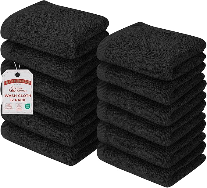 RIVERSIDE Pack of 12 Washcloths, 12 x 12 Inches, 100% Cotton, Premium Flannel Face Cloths, Highly Absorbent & Soft Feel Fingertip Towels (Black, 12 Pack)