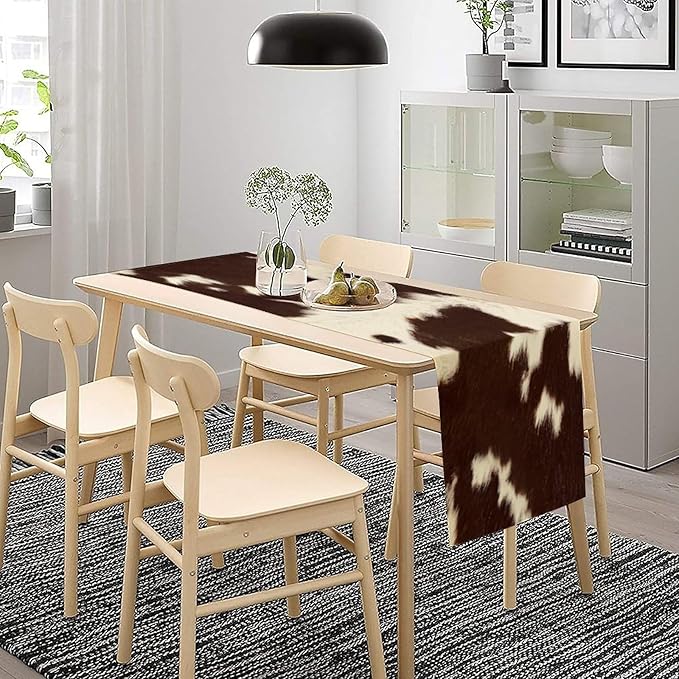 Cow Skin Print Table Runner, Rustic Farmhouse Cottage Animal Fur Skin Western Style Brown Wild 3D Cowhide Print Dinner Runner Table Decoration for Home Kitchen Dining 13"x36"