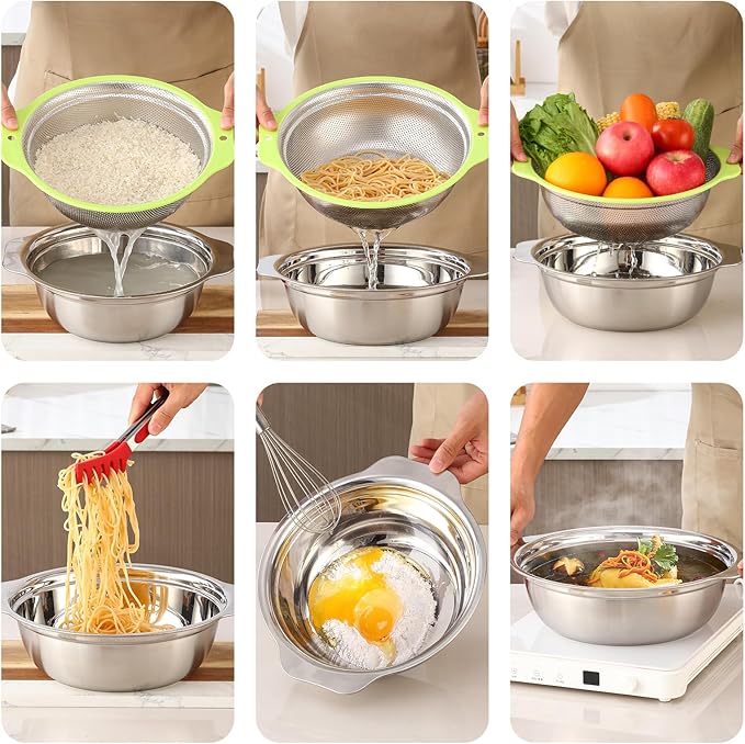 Colander Stainless Steel Microporous, 5QT Large Capacity Rice Washer with Mixing Bowl, 12.5’’Rice Strainer Bowl Set with Handle, Food-Grade Strainers and Colanders for Washing Rice, Pasta