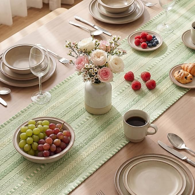 Artoid Mode Sage Green Farmhouse Woven Table Runner, Seasonal Holiday Rustic Kitchen Dining Table Decoration for Home Party Decor 12x90 Inch