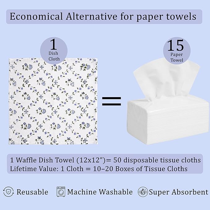 Ridhi Powder Blue Hand Block Print Cotton Waffle Dish Cloth Set of 6-12x12 Inch Super Absorbent, Soft, Reusable Kitchen Towels for Dish Drying Cleaning, Ideal for Spring, Easter, Valentine