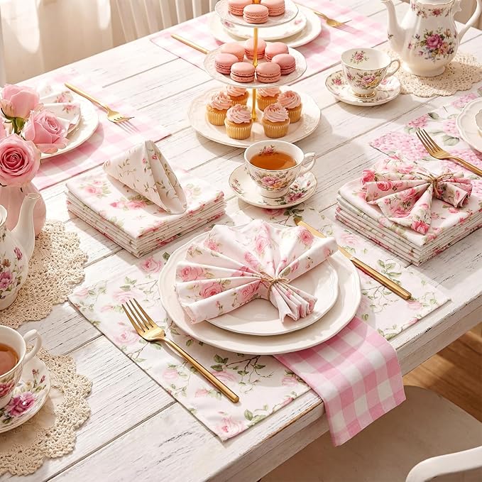 Floral Cloth Napkins 6 Patterns Washable Dinner Tea Party Napkins Reusable Plant Flowers Square Napkin Cotton Towel Decorative for Spring Wildflower Party(Bow Hydrangea,12 Pcs)