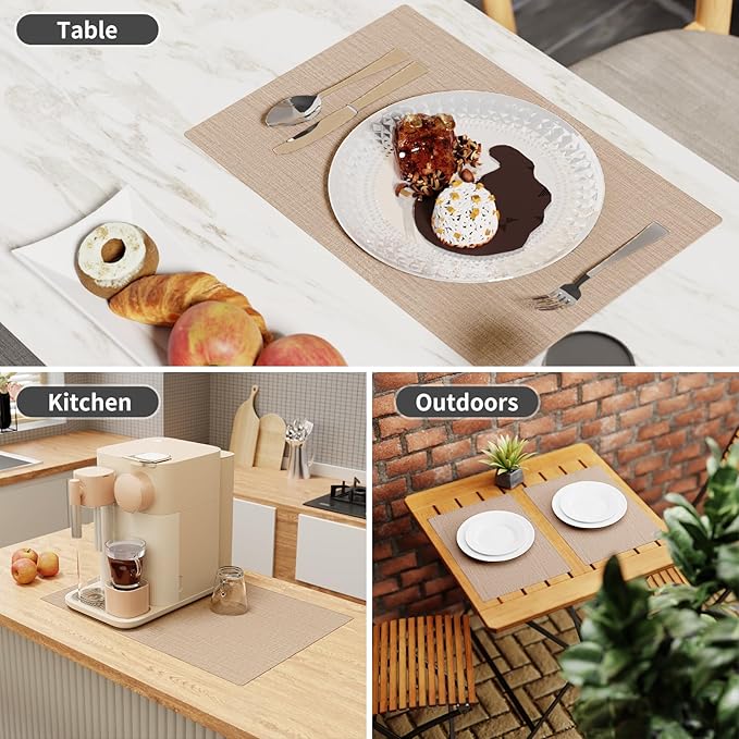 Cloth Placemats, Set of 4 Heat-Resistant Cotton Linen Blend Double Layered Machine Washable Place Mats, Wrinkle Free Thick Fabric Dining Table Mats for Indoors & Outdoors (Light Linen, 4)
