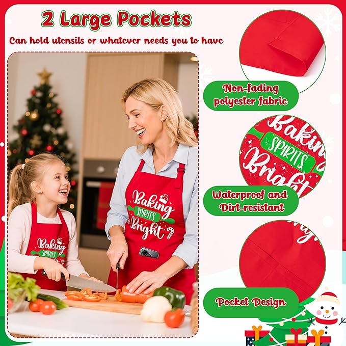 R HORSE 2Pcs Christmas Adult Kids Apron Costume Set, Mommy and Me Adjustable Kitchen Apron with 2 Pockets, Grandma and Me Matching Gift for Women Kid Cooking Baking Painting Training Gardening