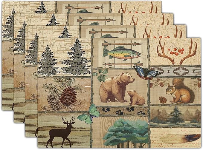 Cabin Placemats Set of 4 - Forest Bear Moose Place Mats Set of 4 Pine Tree Wild Animal Art Kitchen Dining Table Mat for Indoor Outdoor Decorations 12 x 18 Inch