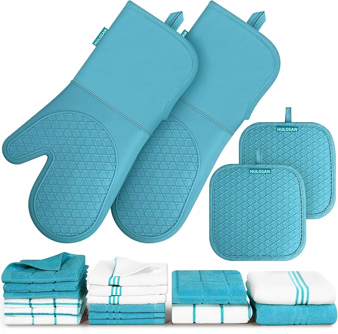 Silicone Oven Mitts Pot Holder Kitchen-Towels100% Cotton Dish Towels for Kitchen,Super Soft and Absorbent Kitchen Hand Towels/Tea Towels.Pot Holder,Oven Mitt Heat Resistant,Silicone Grip,Gift Set