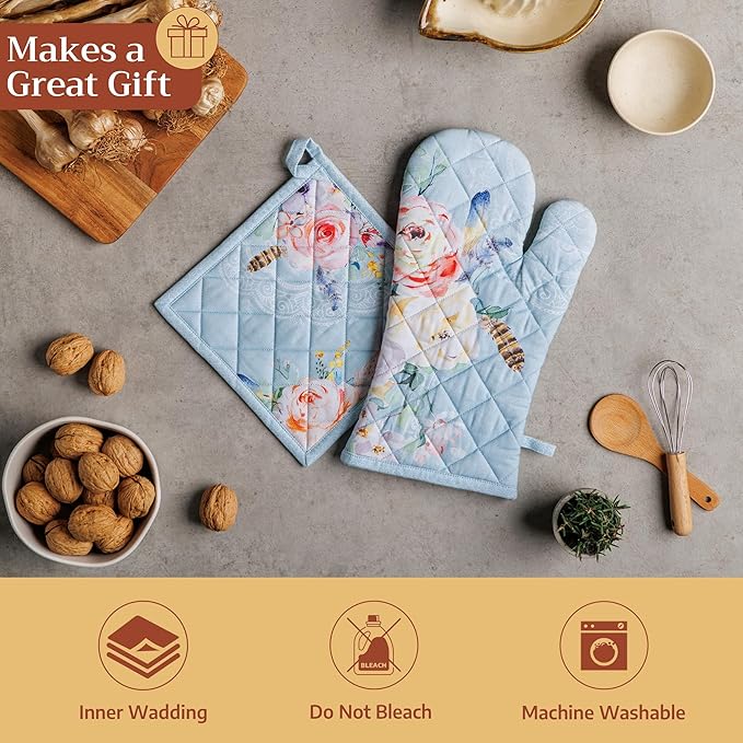 Maison d'Hermine Oven Gloves 100% Cotton Oven Mitt 7" x 13" with Loop Heat Resistant BBQ Cooking Gloves Baking Grilling Gifts for Mothers Day Spring/Summer (Pack of 1, Ibiza - Blue)