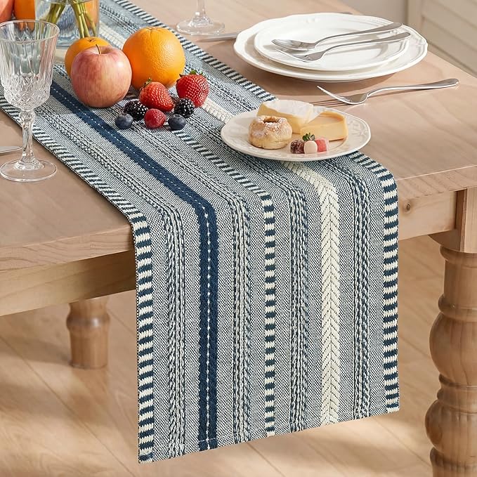Artoid Mode Dark Blue Farmhouse Woven Table Runner, Seasonal Holiday Rustic Kitchen Dining Table Decoration for Home Party Decor 12x108 Inch