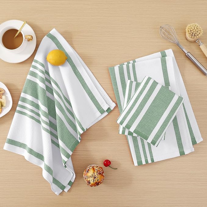 Homaxy Premium Kitchen Towels 18”x 28”, Large Cotton 380 GSM Kitchen Hand Towels, Stripe and Terry Dish Towel, Highly Absorbent Tea Towel Set with Hanging Loop, 8 Pack, Grass Green