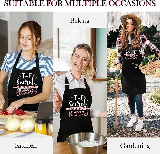 Black Baking Aprons for Women, Adjustable Cooking Baking Kitchen Aprons for Mom Chef with Pockets