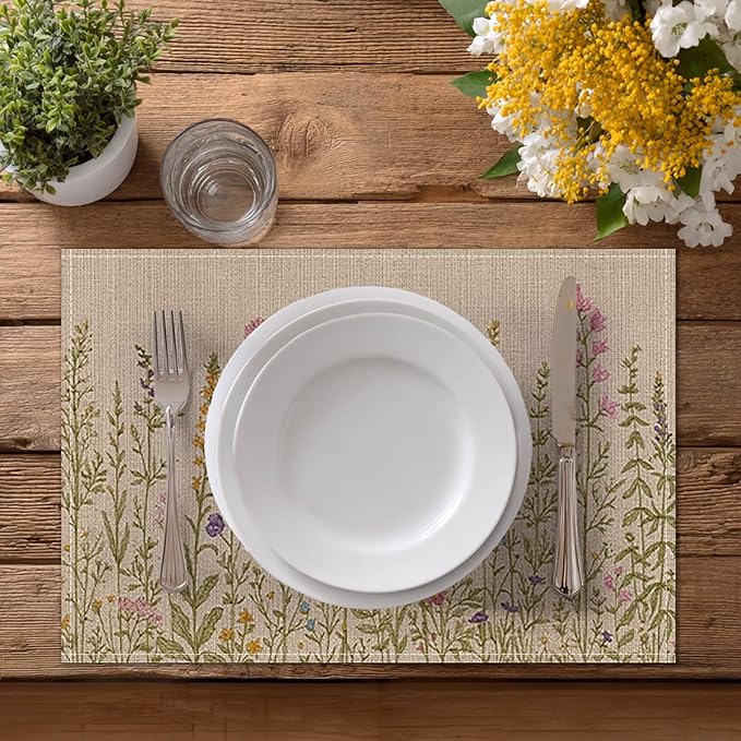HOMETITUTE Wildflower Placemats Set of 4 Linen 12x18 Inch Washable Table Mats with Botanical Floral Design Decorative Table Placemats Set of 4 for Farmhouse Kitchen Dining Spring Summer Decor
