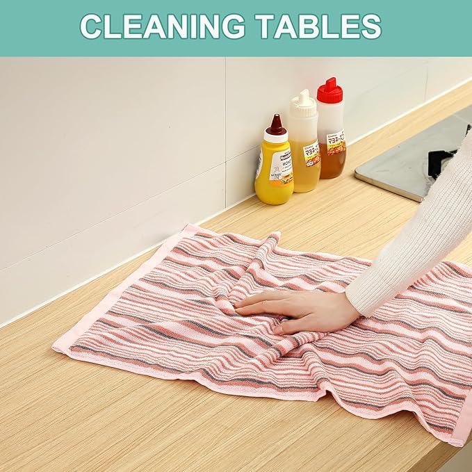 SALAS Kitchen Dish Towels for Drying Dishes, Large Cotton Kitchen Towels, Stripped Terry Dish Cloths, Thick Highly Absorbent Towel Sets with Hanging Loop, 16" X 26", 6 Packs Pink