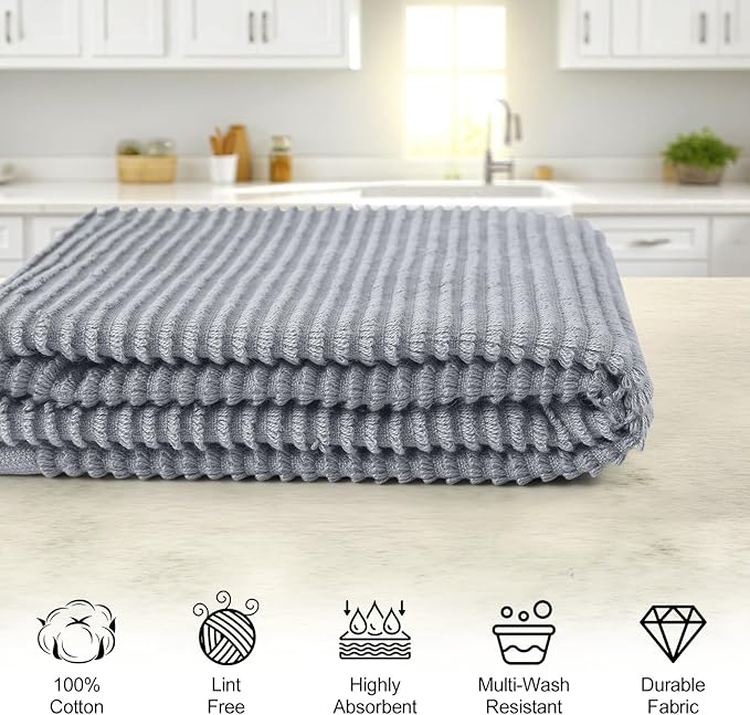 Homaxy Premium Kitchen Towels (18"x 28", 12 Pack), Large 100% Cotton Kitchen Hand Towels, Ultra Absorbent Ribbed Terry Tea Towels Set with Hanging Loop, Grey