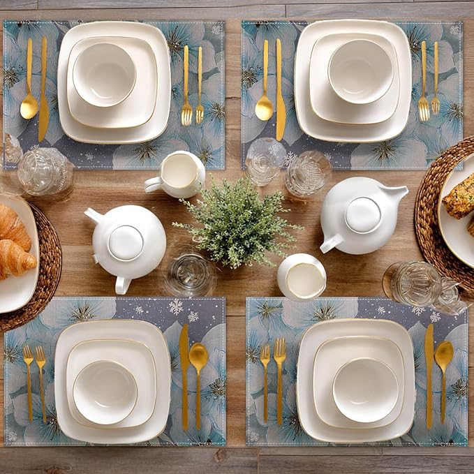 HOMETITUTE Placemats Set of 4 12x18 inch Blue Floral Table Mats for Dining Table Linen Placemats Farmhouse Decorations Kitchen Decor Desk Mat for Outdoor Home Party Kitchen Seasonal Dining