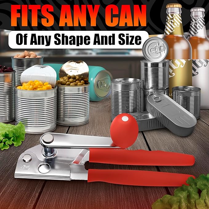 Commercial Can Opener for Large and Small Cans - Manual Stainless Steel Can Opener with Ergonomic Long Handles - 360° Smooth Crank, Non Slip Grip, 2 in 1 Bottle Opener for Home, Cafes and Restaurants