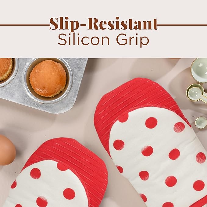 Folkulture Oven Mitts - Set of 2 (5.75"x9") | Polka Red Oven Mitts with Hanging Loop for Cooking Gifts, Kitchen Decor| 100% Cotton, Silicone Heat Resistant Mini Mitts for Kitchen Essentials