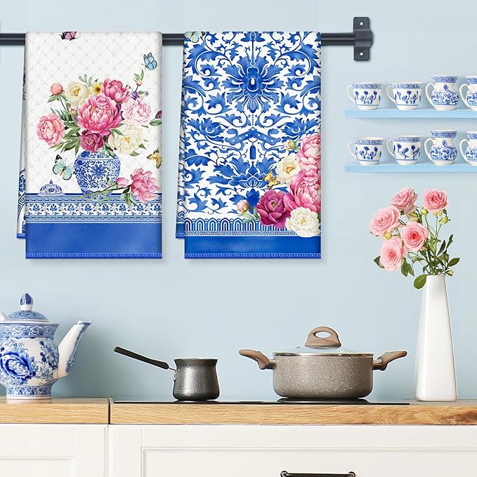 Floral Microfiber Kitchen Towels, Soft Absorbent Hand Towel 15.7 × 23.6 inch, Thick Dish Cloth for Party Anniversary Holiday Decoration, Housewarming Gifts for Mom