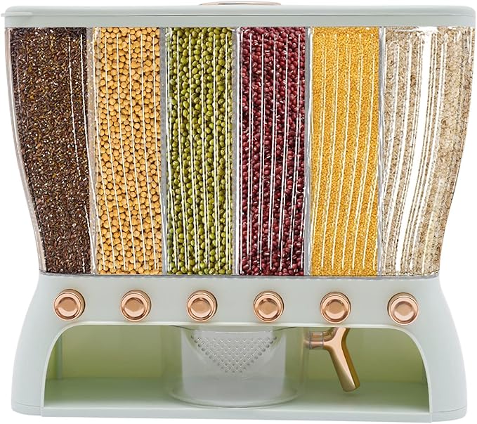6 Grids Grain Dispenser Can, Cereal Rice & Grain Storage Container Multigrain Tank Rice Dispenser Dry Food Grain Dispenser with Measuring Cup for Grains Rice Dry Food Beans (22.05Lbs Light Green)
