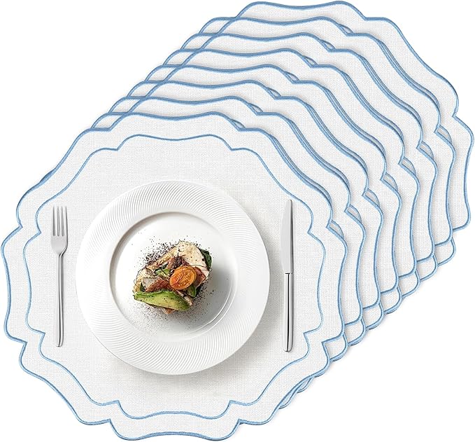8 Sets Blue and White Ribbon Twirl Cotton Linen Placemats, 15 inch Embroidery Scalloped Round Cloth Table Mats Washable Fabric Place Mats Flower Shape for Wedding Baby Shower Banquet Party Table Deco