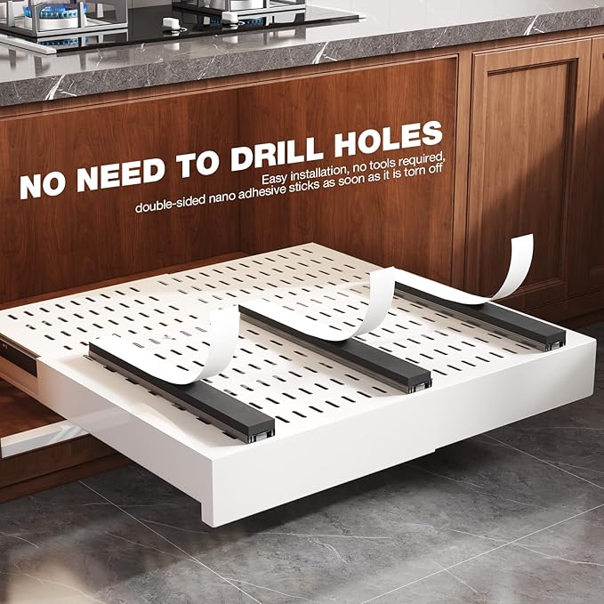 Seinloes 2 Pack Pull Out Cabinet Organizer Expandable Width(15"-25") and Depth(17"-24"),Slide Out Drawers With Raising Pad for Framed Cabinets,No Drill Roll Out Shelves for kitchen,Bathroom,White
