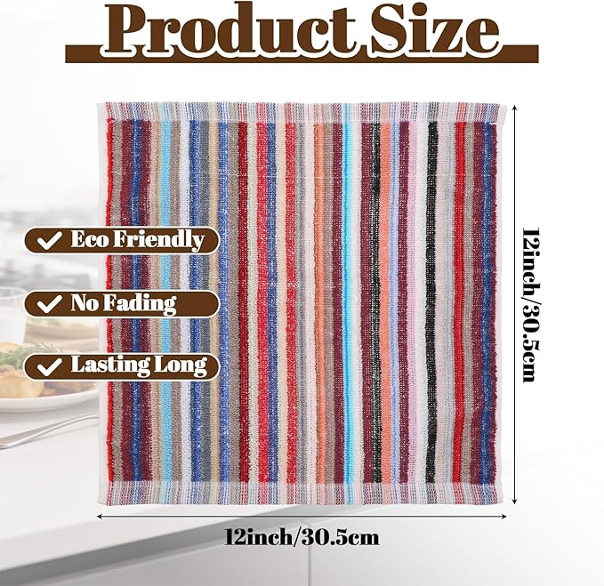 Lemecima Premium Kitchen Dishcloths Set of 30, Ultra Absorbent 100% Cotton Cleaning Cloths for Washing Dishes, Drying, Scrubbing, 12x12 Inches Multicolor Striped Patterns