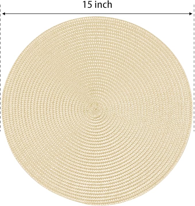 FunWheat Round Braided Placemats Set of 6 Table Mats for Dining Tables Woven Washable Non-Slip Place mats 15 inch(Beige, 6pcs)