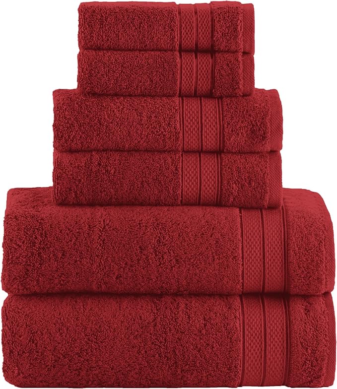 Elegant Comfort Luxury 6-Piece Towel Set, Premium Soft 100% Turkish Cotton, Three Line Popcorn Design 2 Bath Towels, 2 Hand Towels and 2 Washcloths Towel Set - Quick-Drying and Absorbent, Burgundy