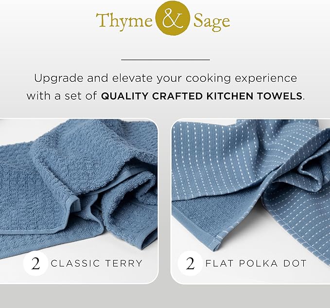 Thyme and Sage 100% Cotton Premium Turkish Kitchen Hand Towel Set, 16"x26", Ultra Absorbent, 350 GSM, Borage, Pack of 4