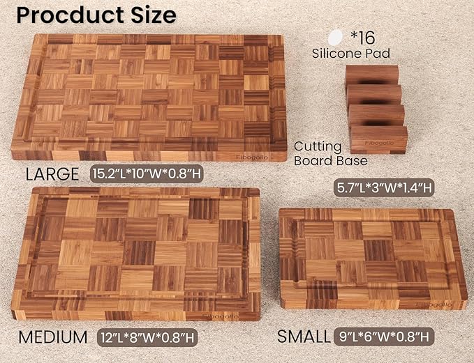 Fibogollo Bamboo Cutting Boards for Kitchen,Chopping Boards Set with Juice Groove,End Grain Bamboo Butcher Block,Serving Board with Holder(3 Pcs)