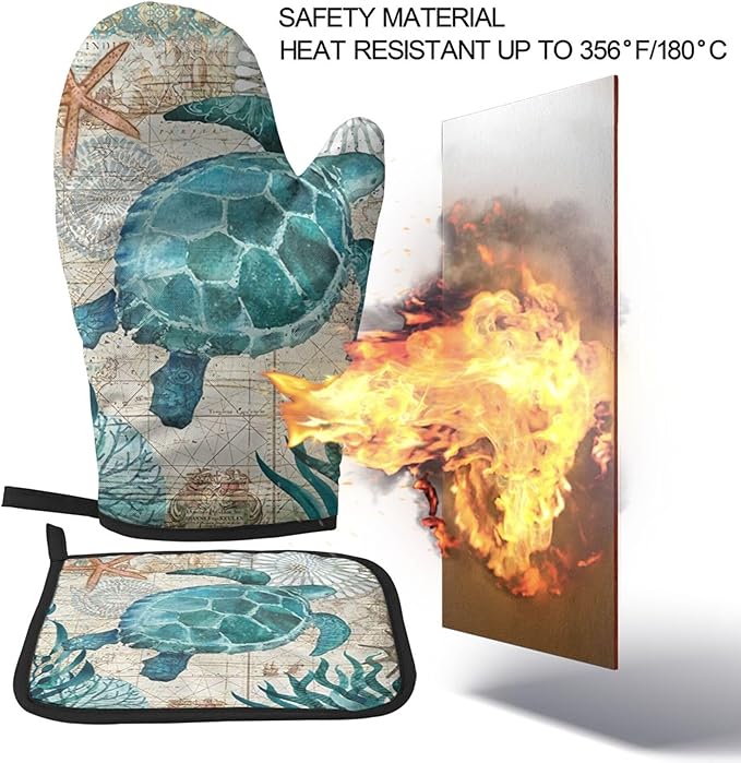 Blue Sea Turtle Oven Mitts & Pot Holders Sets Holiday Kitchen Decor Nautical Map Area Heat Resistant Non-Slip Potholders Set for Cooking Baking BBQ
