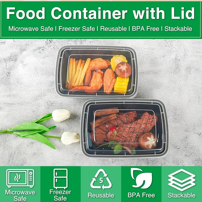 Meal Prep Containers Reusable 50 Pack-32 oz Food Storage Containers with Lids To Go Food Containers Takeout, Microwave Dishwasher Freezer Safe, Stackable, BPA Free, Plastic (Black)