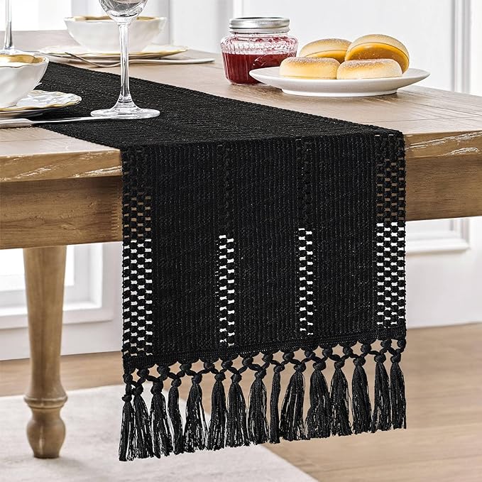 ZeeMart Macrame Style Boho Table Runner, Black Table Runners 36 Inches Long, Farmhouse Woven Home Decor, 12x36 Inch, Black