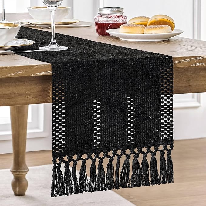 ZeeMart Macrame Style Boho Table Runner, Black Table Runners 60 Inches Long, Farmhouse Woven Home Decor, 12x60 Inch, Black