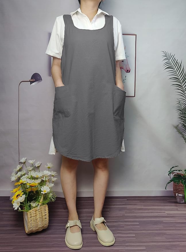 Cotton Cross Back Aprons Solid Color Cooking Kitchen Garden Smock for Women Girls with Pockets