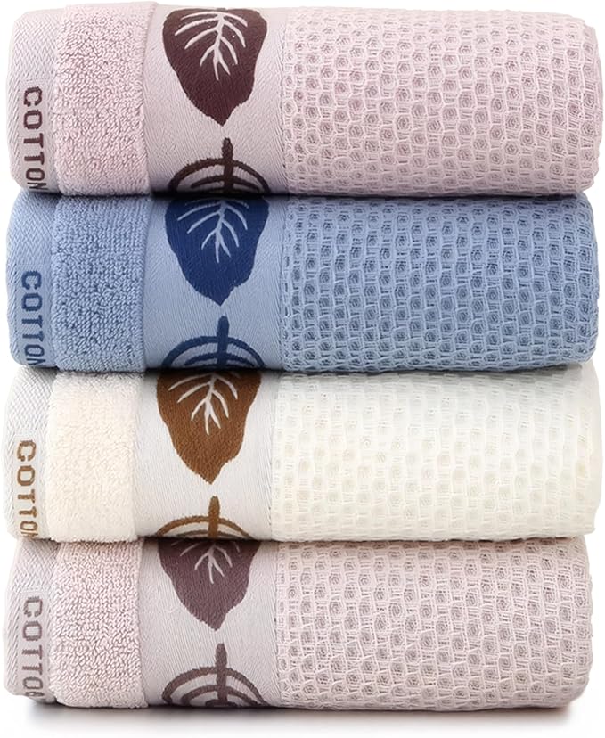 4 Pack Hand Towels, Bath Towels, Kitchen Towels and Dishcloths Sets, 30 x 14 Inches, Absorbent Dish Towels for Kitchen, Microfiber Cleaning Cloth, Waffle Kitchen Towels (Leaf-Shaped)