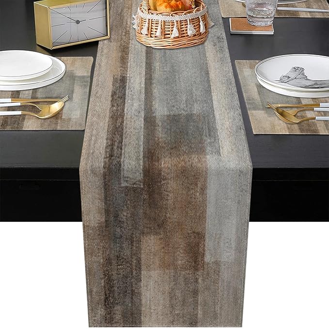 ArtSocket Farmhouse Table Runner and Placemats Set of 6, Abstract Brown Grey Painting Art Dining Decor for Daily Use(1 Table Runner 72 inches Long and 6 Placemats)