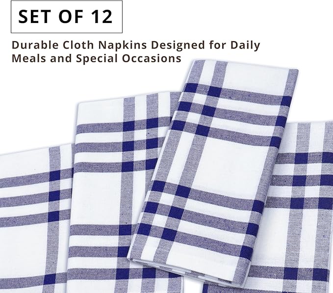 PurpleEssences Homestead Plaid Cloth Napkins - Mitered Corners - Spring Easter Summer - Check Dinner Napkin - Set of 12-100% Cotton - 18x18 Inch - Reusable Washable - Blue and White