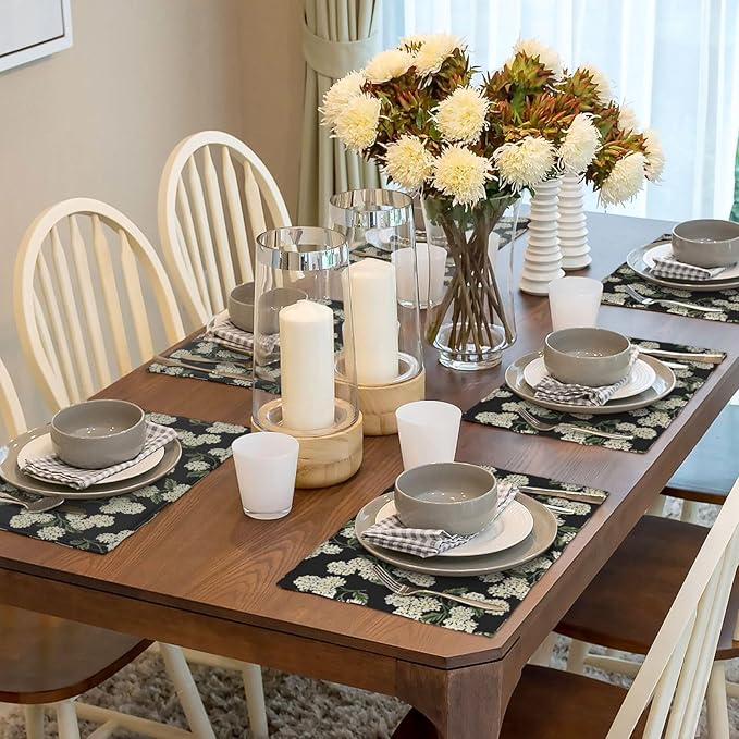 Black Placemats Set of 4 Green Hydrangea Flower Decor Place Mats 12x18 Inch Vintage Floral Spring Summer Seasonal Decorative Linen Table Mats for Kitchen Dining Party Table Decoration