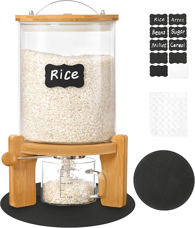 5-7 lbs Glass Rice Dispenser with Wooden Stand Flour and Cereal Container with Glass Measuring Cup & Labels & Slider mat Pantry Food Organization Storage Bin with Airtight Bamboo Lid, 3L