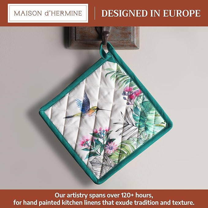 Maison d' Hermine Pot Holders 100% Cotton Heat Resistant Potholders 8" x 8" Hot Pads with Loop BBQ Cooking Baking Gifts for Mothers Day Handling Hot Pans Spring/Summer (Pack of 1, Tropiques)