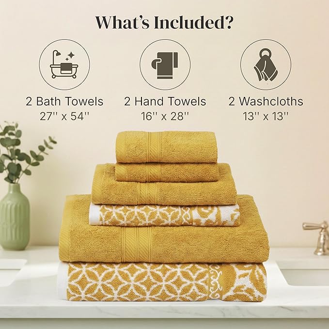 Modern Threads Botanical Vine 6-Piece 100% Cotton Towel Set – Reversible Yarn Dyed Jacquard – Includes 2 Bath Towels, 2 Hand Towels, 2 Washcloths – Absorbent, Quick Dry, Soft & Durable – Gold