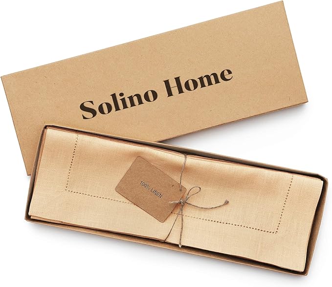 Solino Home Linen Cloth Placemats Set of 6-100% Pure Linen Hemstitch Beige Placemats 14 x 19 Inch - Classic Hemstitch Table Place Mats for Spring, Summer, Mothers Day