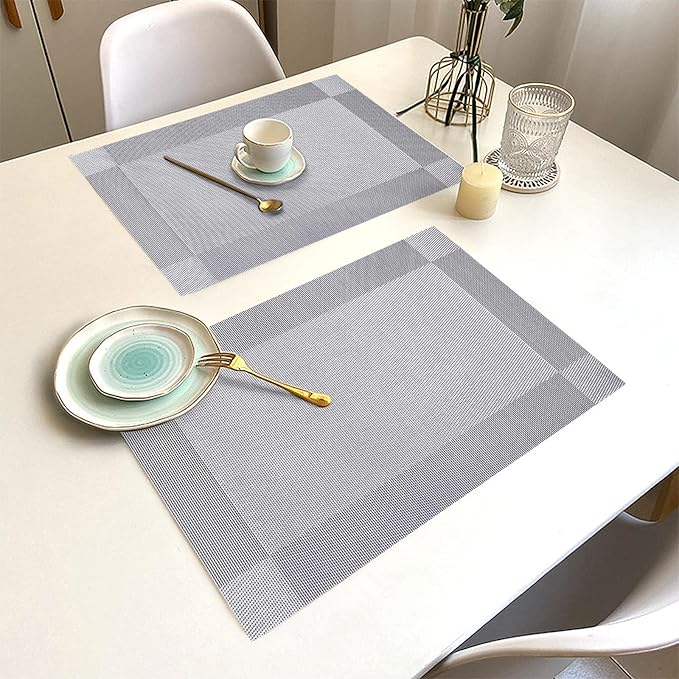 Placemats Set of 8 Washable&Wipeable Silver Place mats for Dining Table Kitchen Indoor Outdoor Table Mats Heat Resistant Non Slip Woven Vinyl Table Placemats (Grey，8PCS)