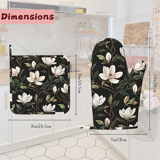 White Magnolia Oven Mitts and Pot Holders (4PCS),Heat Resistant Non-Slip Silicone Kitchen Gloves for Cooking, Baking, BBQ Waterproof Kitchen Accessories